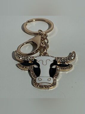 Gold-Tone Cow Head Keychain with Black & White Enamel